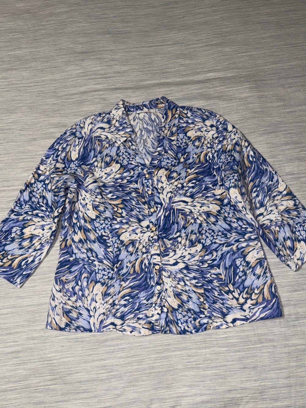 JM Collection 100% Linen Blue Abstract Button Down Shirt Size 16 Boho Coastal